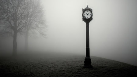 A captivating scene featuring a vintage clock tower surrounded by dense fog and bare trees, evoking a sense of mystery and tranquility in nature.の素材