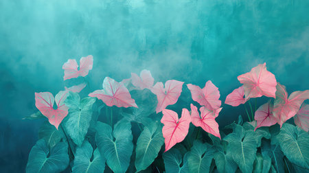 This captivating image showcases vibrant tropical leaves with pink veins, enveloped in a mystical blue mist, creating a serene and tranquil atmosphere ideal for nature themes.の素材