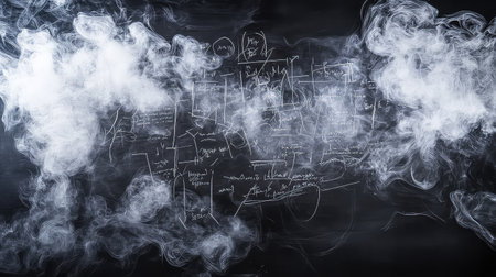This abstract image features a dark background with smoke blending through handwritten notes. It embodies creativity and inspiration, ideal for artistic or educational themes.の素材