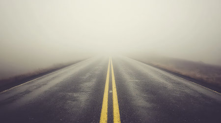An empty road stretches into the dense fog, evoking feelings of mystery and serenity. The wet asphalt reflects the muted colors of the surroundings.の素材