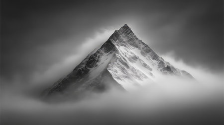 This stunning black and white image captures a majestic mountain peak rising dramatically through swirling clouds, evoking a sense of adventure and tranquility.の素材