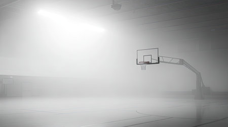 This image captures a foggy indoor basketball court featuring a single hoop and dim lighting, creating a tranquil and mysterious atmosphere ideal for sports-themed projects.の素材