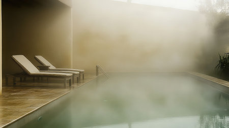 Experience serenity with this image of a misty indoor pool, complemented by loungers and soft sunlight, creating a perfect retreat for relaxation.の素材