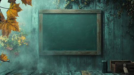 This image features a vintage chalkboard set against a rustic wooden wall, adorned with autumn leaves and enveloped in soft fog, creating a tranquil atmosphere.の素材