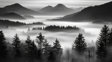 Captivating black and white landscape showcases misty mountains and dark forests at dawn, creating a tranquil and atmospheric scene of nature's beauty.の素材