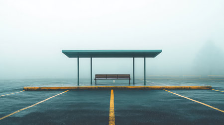 A solitary bus stop emerges from a thick fog, set against an empty parking lot. The scene conveys a sense of isolation, tranquility, and minimalism in urban landscapes.の素材