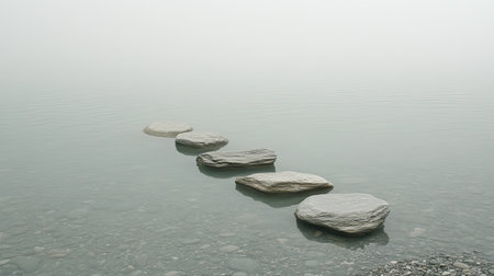 A serene image of smooth stones creating a pathway over a tranquil lake surface, surrounded by a thick fog, emphasizing calmness and simplicity.の素材
