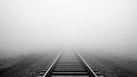 A captivating black and white image featuring a solitary railway track disappearing into a thick fog. The scene evokes feelings of mystery and tranquility, presenting a serene rural environment perfect for inspirational imagery.の素材