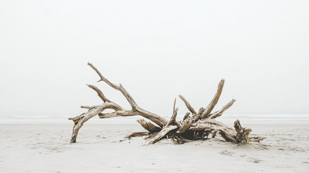 This image captures a weathered driftwood formation on a serene beach, enveloped in soft fog. The minimalist scene features gentle waves and an expansive horizon, evoking tranquility and natural beauty.の素材