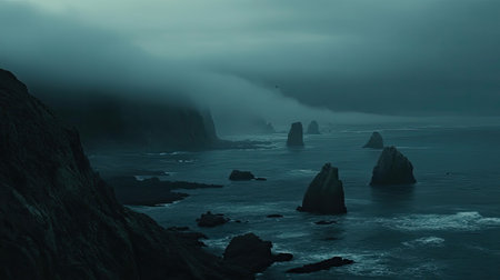 A breathtaking coastal landscape captured at dusk, featuring towering rocky pillars emerging from the foggy sea, offering a serene atmosphere.の素材