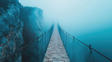 This captivating image captures a narrow bridge enveloped in dense fog, leading into the unknown. The cliffs and serene water create a tranquil yet mysterious atmosphere, inviting exploration and reflection.の素材