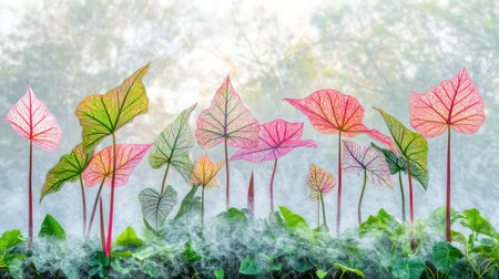 A stunning display of vibrant leaves showcasing intricate vein patterns against a soft foggy backdrop, capturing the beauty and tranquility of nature.の素材