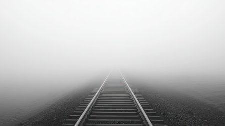 A captivating black and white scene of fog-covered railway tracks disappearing into a misty horizon, evoking feelings of solitude and mystery.の素材