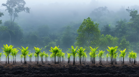 A serene view featuring young tree saplings thriving in a misty forest setting, showcasing the beauty of nature. The vibrant green leaves contrast with the dark soil, symbolizing growth.の素材