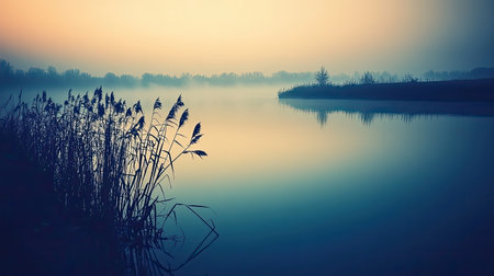 A tranquil scene captures the gentle beauty of dawn with mist hovering over calm water. Silhouettes of reeds line the shore, creating a serene atmosphere.の素材