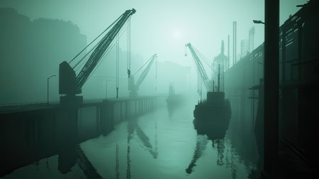 This atmospheric image captures a foggy industrial port scene featuring silhouetted cranes and boats reflected on calm water. The mist and shadows create a tranquil yet eerie ambiance, perfect for conveying solitude and industrial activity.の素材
