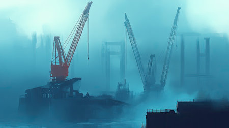 An atmospheric view of a construction site enveloped in dense fog, featuring towering cranes and industrial equipment silhouetted against a moody background.の素材