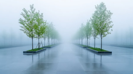 A serene foggy pathway lined with young trees creates a tranquil atmosphere in an urban landscape. The stillness of the setting evokes peace and reflection.の素材