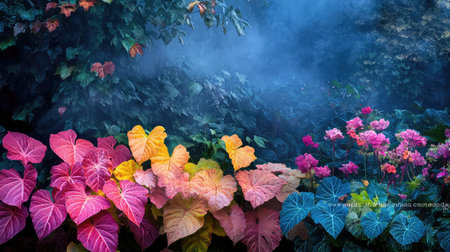 This stunning image showcases vibrant tropical leaves in an array of colors, set against a softly misty background. Perfect for nature lovers.の素材