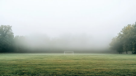 This image captures a tranquil soccer field shrouded in dense fog during a serene morning. The lush green grass and isolated goalpost create a peaceful atmosphere, inviting reflection.の素材