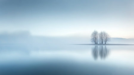 Experience a tranquil winter landscape featuring a group of trees reflected in calm water, shrouded in soft fog and serene blue hues.の素材