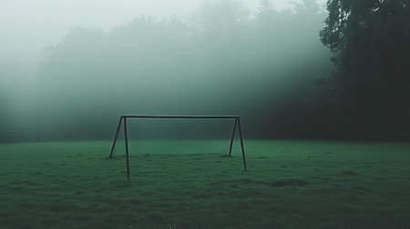 A solitary soccer goal stands in the middle of an untouched field, enveloped in thick fog. The lush green grass and surrounding trees create an eerie yet tranquil atmosphere.の素材