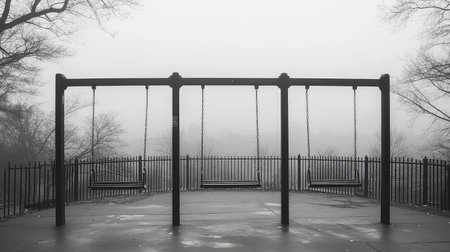 This black and white photograph captures empty swings in a foggy park, creating a somber and reflective atmosphere that evokes feelings of nostalgia.の素材