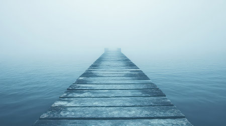 A tranquil wooden pier stretches gracefully into a misty water landscape, creating a serene atmosphere with soft grey tones that evoke peace.の素材