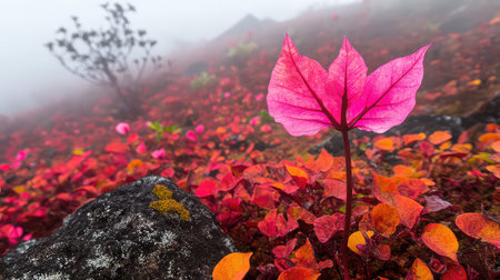 A stunning close-up of a bright pink leaf among vibrant red and orange foliage, set against a foggy backdrop on rocky ground, capturing the essence of nature's beauty.の素材