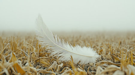 A delicate white feather rests on dry brown grass in a misty landscape, evoking a sense of calm and serenity perfect for nature-themed projects.の素材