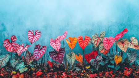 A stunning display of heart-shaped leaves in various vibrant colors set against a soft misty background, creating an enchanting and artistic natural scene.の素材