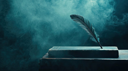 A captivating still life scene featuring a quill pen poised gracefully on an open book, enveloped in mysterious smoke, evoking creativity and inspiration.の素材
