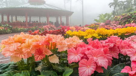 A vibrant garden scene showcasing colorful flowers in various hues surrounded by lush greenery, enveloped in a gentle fog with people enjoying the atmosphere.の素材
