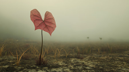 A striking pink leaf stands tall from the soft ground, enveloped in a misty atmosphere. This captivating scene evokes feelings of hope and tranquility.の素材