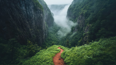 Explore a breathtaking valley scene where a winding path leads through lush greenery. Fog envelops the dramatic cliffs, creating a serene atmosphere.の素材
