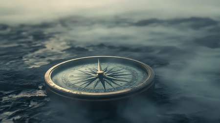 An antique compass lies on wet stones amidst a captivating mist, embodying the essence of exploration and navigation in a tranquil natural setting.の素材