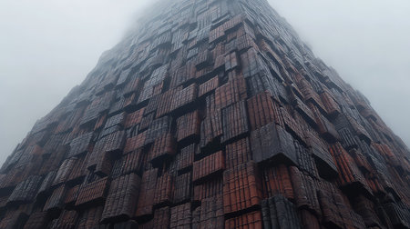A striking abstract image of towering cargo containers enveloped in fog, highlighting the interplay between urban architecture and industrial design.の素材
