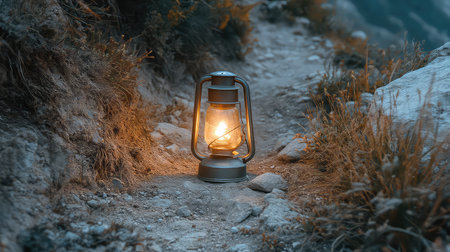 A vintage lantern emits a warm glow along a rugged path in a serene natural setting during dusk, inviting tranquil evening explorations.の素材