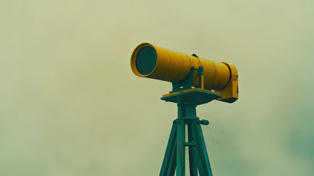 A large yellow telescope is mounted on a sturdy tripod, designed for outdoor use. This equipment offers a clear view of distant landscapes against a cloudy sky, ideal for observation and exploration.の素材