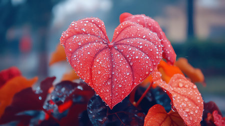 A stunning close-up of a heart-shaped leaf adorned with raindrops against a backdrop of colorful foliage, capturing the essence of nature's beauty.の素材