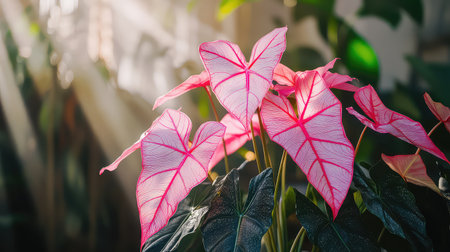 Beautiful caladium leaves in vibrant pink hues bask in sunlight, creating a serene atmosphere in a lush indoor garden setting, perfect for nature lovers.の素材