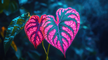 A stunning close-up photo of heart-shaped leaves showcasing vibrant colors and intricate patterns, set against a lush, tropical background.の素材