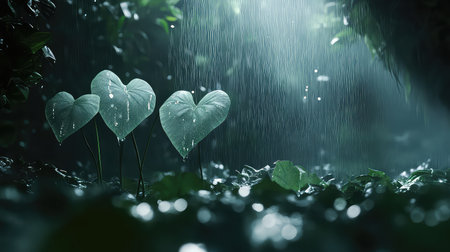 Three heart-shaped leaves glisten under a gentle rainfall in a tranquil forest, illuminated by soft light, creating a serene atmosphere of freshness and beauty.の素材
