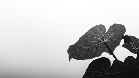 This captivating black and white image features a detailed leaf silhouette against a soft gradient background, enhancing its minimalist and natural aesthetic.の素材