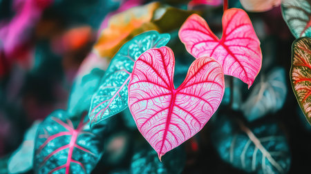 This stunning close-up showcases vibrant heart-shaped leaves in shades of pink and green, highlighting intricate veins against a softly blurred backdrop.の素材