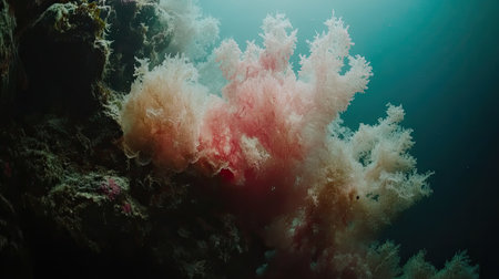 Discover the enchanting display of pink and coral seaweed thriving underwater, illuminated by soft light. This serene aquatic scene highlights nature's beauty.の素材