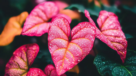 A stunning close-up image of vibrant heart-shaped leaves adorned with glistening water droplets, showcasing the beauty of nature and lush greenery.の素材