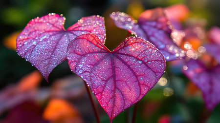A stunning close-up of heart-shaped leaves adorned with sparkling water droplets. The vibrant colors and soft light create a mesmerizing natural beauty.の素材