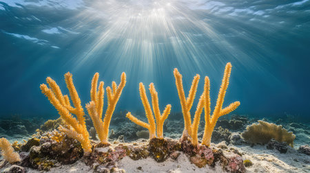 Experience the beauty of a colorful underwater landscape featuring thriving coral reefs illuminated by sunlight rays filtering through clear ocean waters.の素材