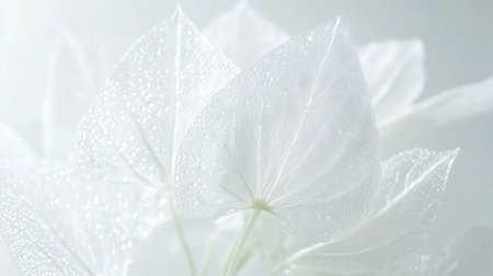A serene image showcasing delicate white leaves adorned with water droplets, set against a softly blurred background, perfect for nature-inspired designs.の素材